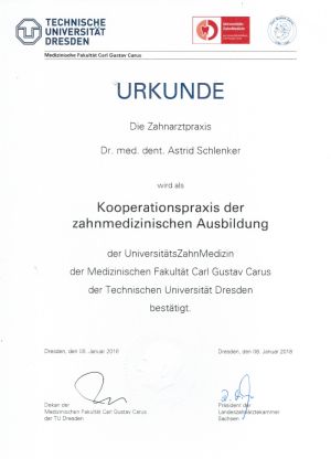 Urkunde TU Dresden - Kooperationspraxis der Zahnmedizin